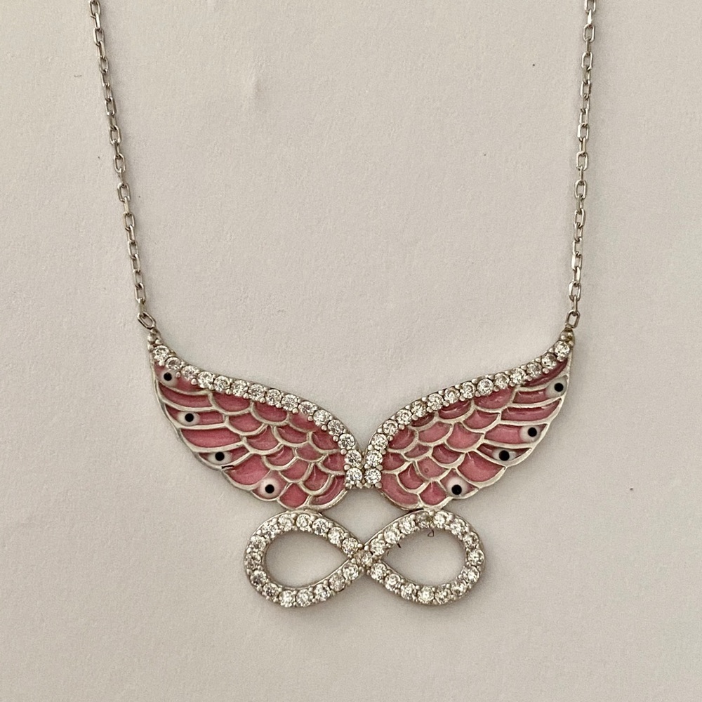 Angel wings necklace evil eye clear cz 925 silver